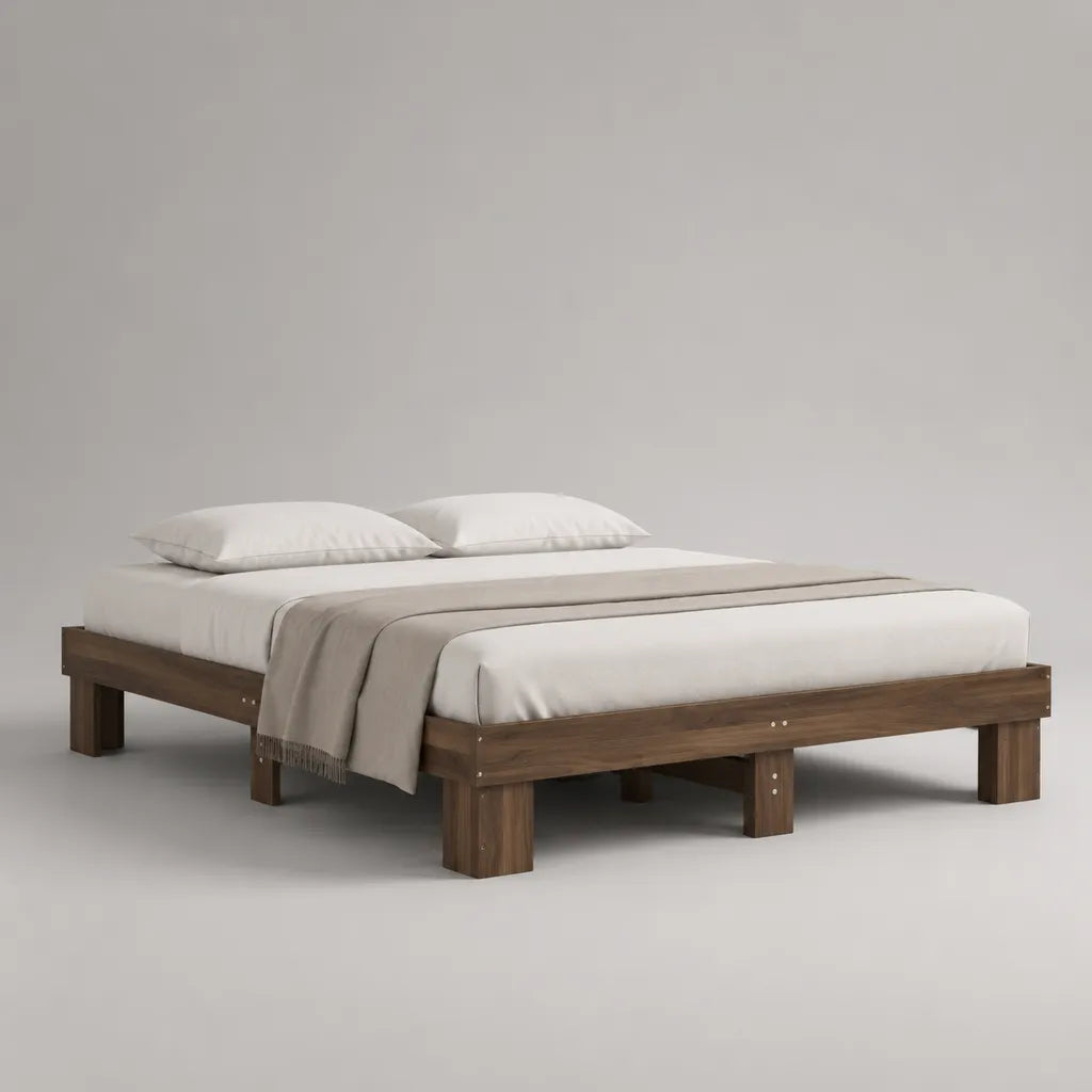 Cadre de lit double en bois brun noyer avec sommier à lattes, couchage 180 × 200 cm, dimensions 208 × 188 × 35 cm