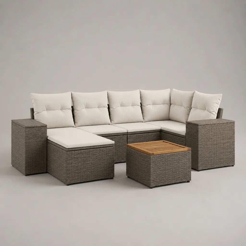 Canapé de jardin d’angle modulable 6 places en résine tressée avec pouf et table basse, gris taupe et beige, 250 × 190 × 75 cm