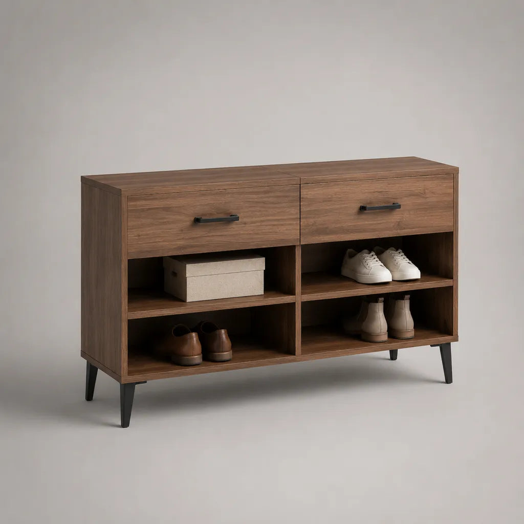 Meuble à chaussures marron noyer et noir avec 2 tiroirs et 4 niches, panneaux de particules et acier, 120 × 35 × 85 cm