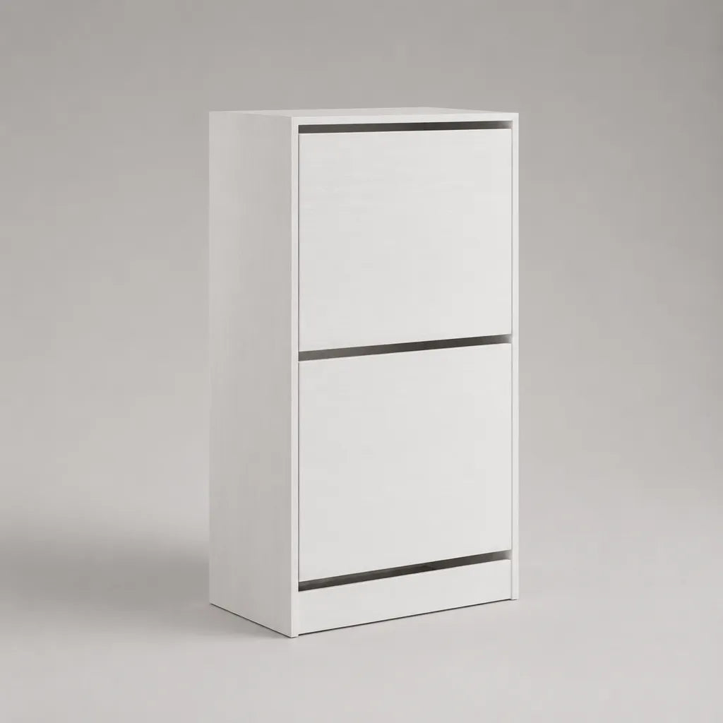 Meuble à chaussures étroit blanc à 2 abattants en panneaux de particules mélaminés, 49 × 28 × 93 cm