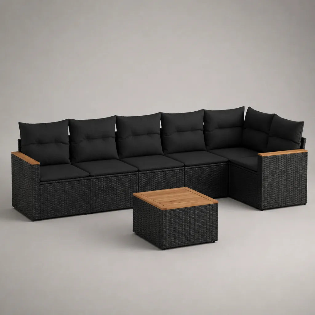 Salon de jardin d’angle 5 places, 6 éléments, en résine tressée noire, acier et bois d’acacia, canapé 242 × 129 × 70 cm, table 60 × 60 × 30 cm