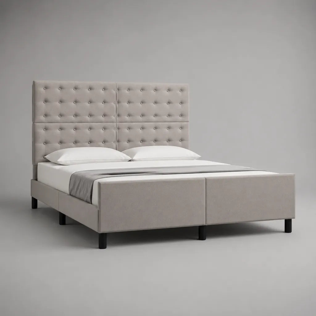 Lit double capitonné en velours polyester gris clair avec tête de lit, couchage 160 × 200 cm