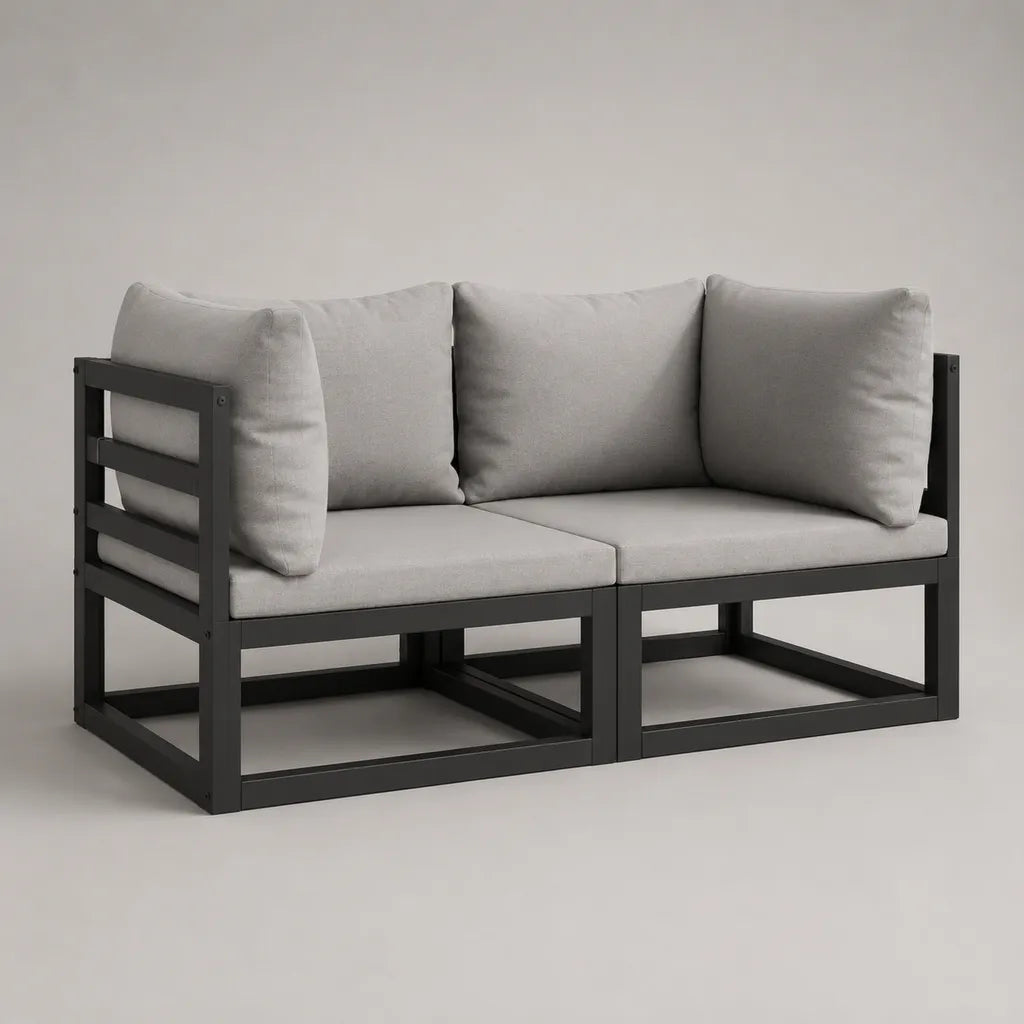 Canapé de jardin 2 places en acier noir avec coussins gris clair, 2 modules, 142 × 72 × 73 cm