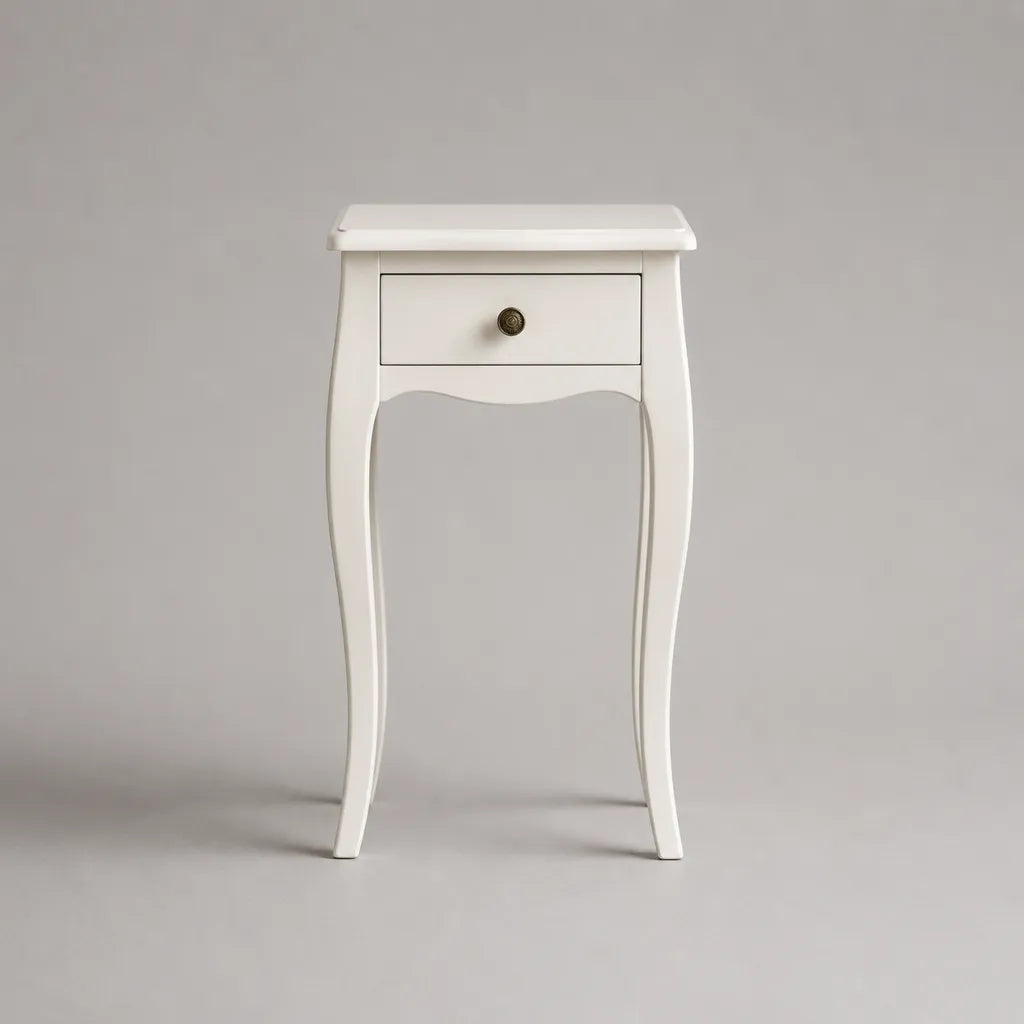 Table de chevet rectangulaire blanche à 1 tiroir en MDF et pin massif, 40 × 30 × 65 cm