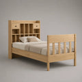 Lit simple en bois avec tête de lit bibliothèque, 2 tiroirs, bois naturel et noir, couchage 90 x 190 cm