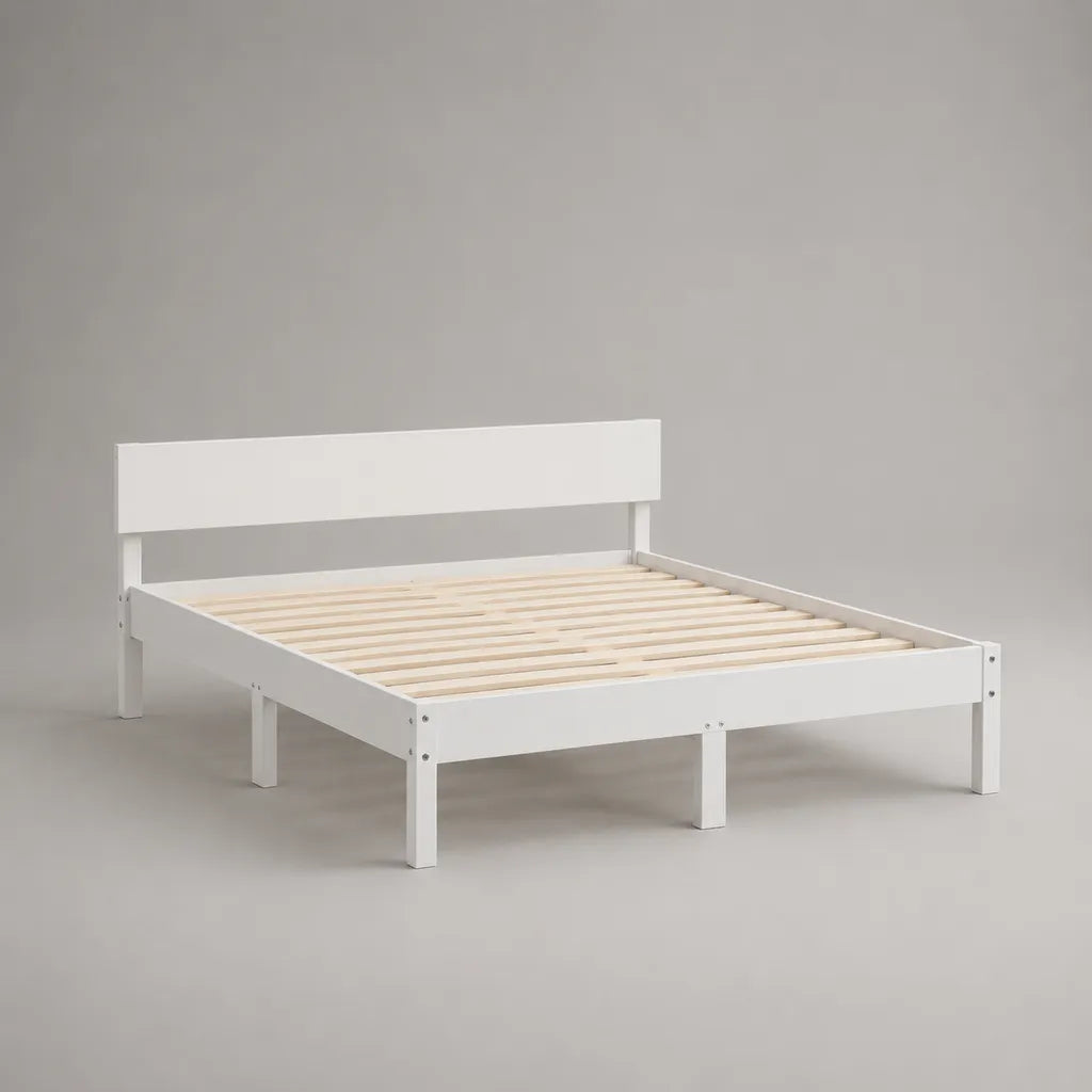 Lit double en bois blanc 140 × 190 cm avec tête de lit et sommier à lattes