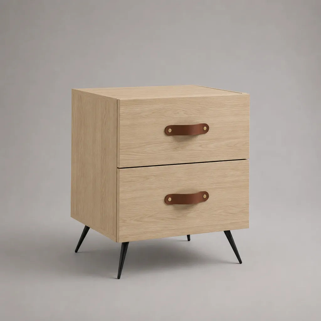 Table de chevet rectangulaire en bois et métal à 2 tiroirs, chêne clair, noir et marron, 45 × 40 × 55 cm