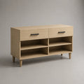 Meuble à chaussures en MDF avec 2 tiroirs et 4 compartiments, chêne clair et noir, 110 × 35 × 80 cm