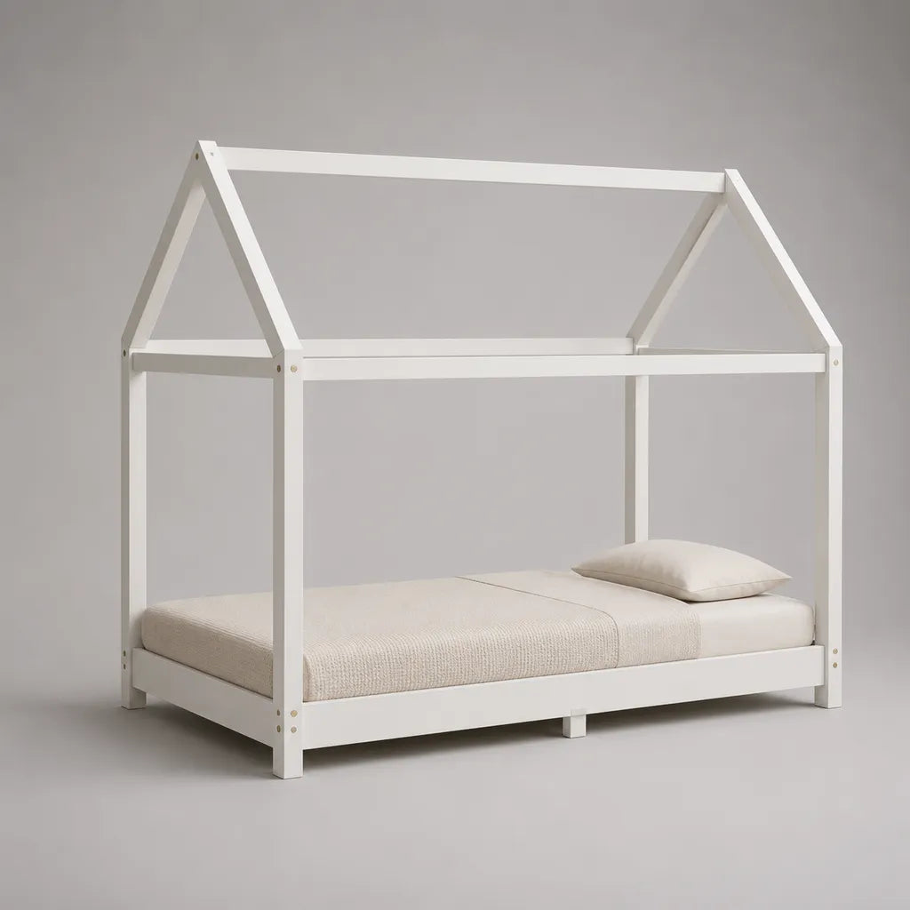 Lit enfant cabane en bois blanc 90 x 190 cm avec sommier à lattes