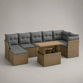 Salon de jardin extérieur 9 places en résine tressée beige, canapé d’angle en U, table réglable brun clair, 2 tabourets et coussins gris anthracite, 243 × 187 cm