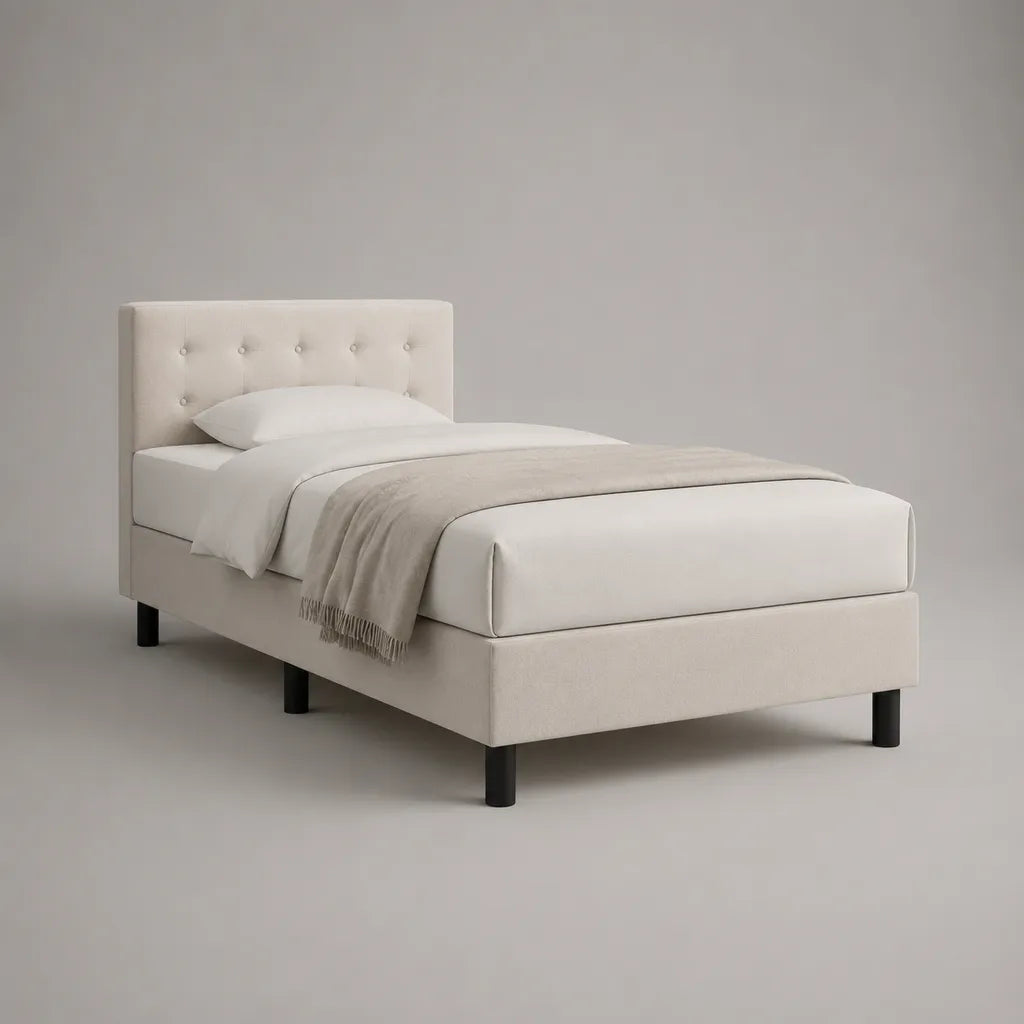 Lit simple beige 90 x 190 cm avec sommier et tête de lit capitonnée en velours polyester, 100 x 202 x 105 cm