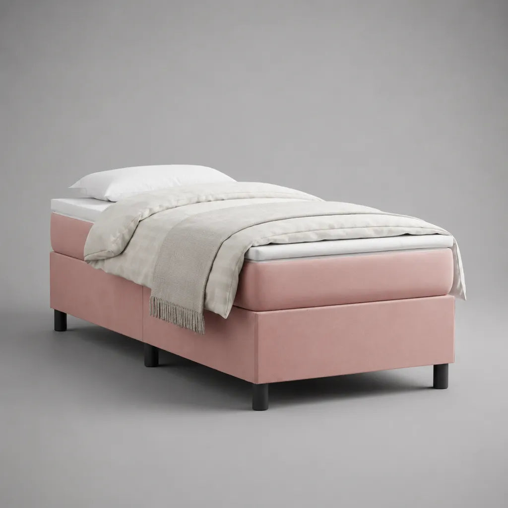Lit boxspring simple rembourré en polyester rose poudré avec matelas et surmatelas, 200 x 90 x 58 cm, couchage 90 x 200 cm