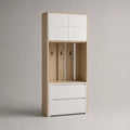Meuble à chaussures d’entrée avec vestiaire, 2 abattants, 4 portes et 3 patères, panneaux de particules, blanc et chêne clair, 80 × 35 × 180 cm