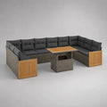 Canapé de jardin en U 9 places en résine tressée PE, métal et bois, gris taupe, anthracite et brun naturel, 286 x 220 x 75 cm, avec table relevable 120 x 70 cm