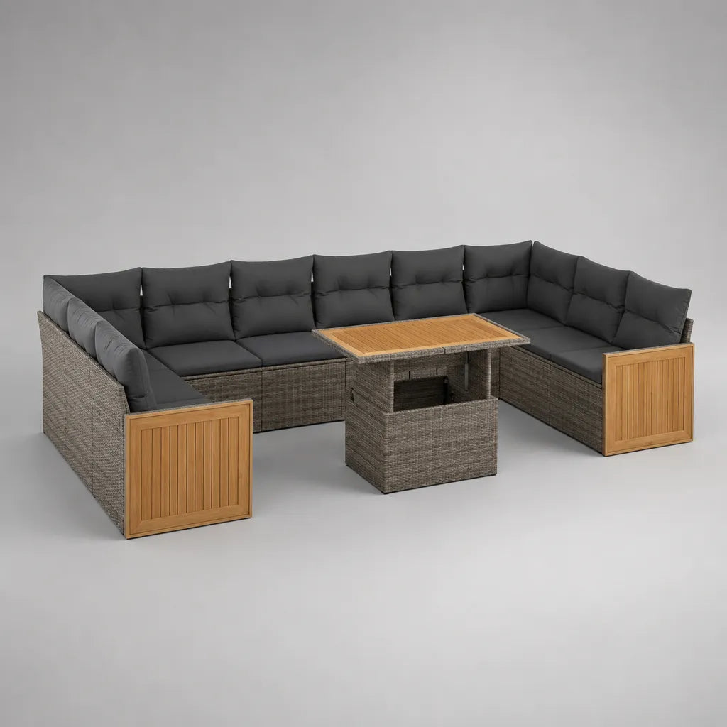 Canapé de jardin en U 9 places en résine tressée PE, métal et bois, gris taupe, anthracite et brun naturel, 286 x 220 x 75 cm, avec table relevable 120 x 70 cm