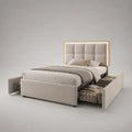 Lit double avec rangement 160 × 200 cm, cadre rembourré en polyester, tête de lit avec éclairage LED, beige, 176 × 218 × 140 cm