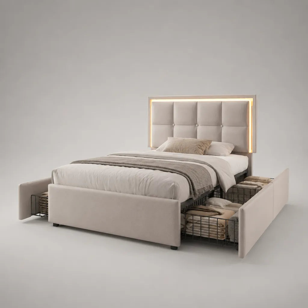 Lit double avec rangement 160 × 200 cm, cadre rembourré en polyester, tête de lit avec éclairage LED, beige, 176 × 218 × 140 cm