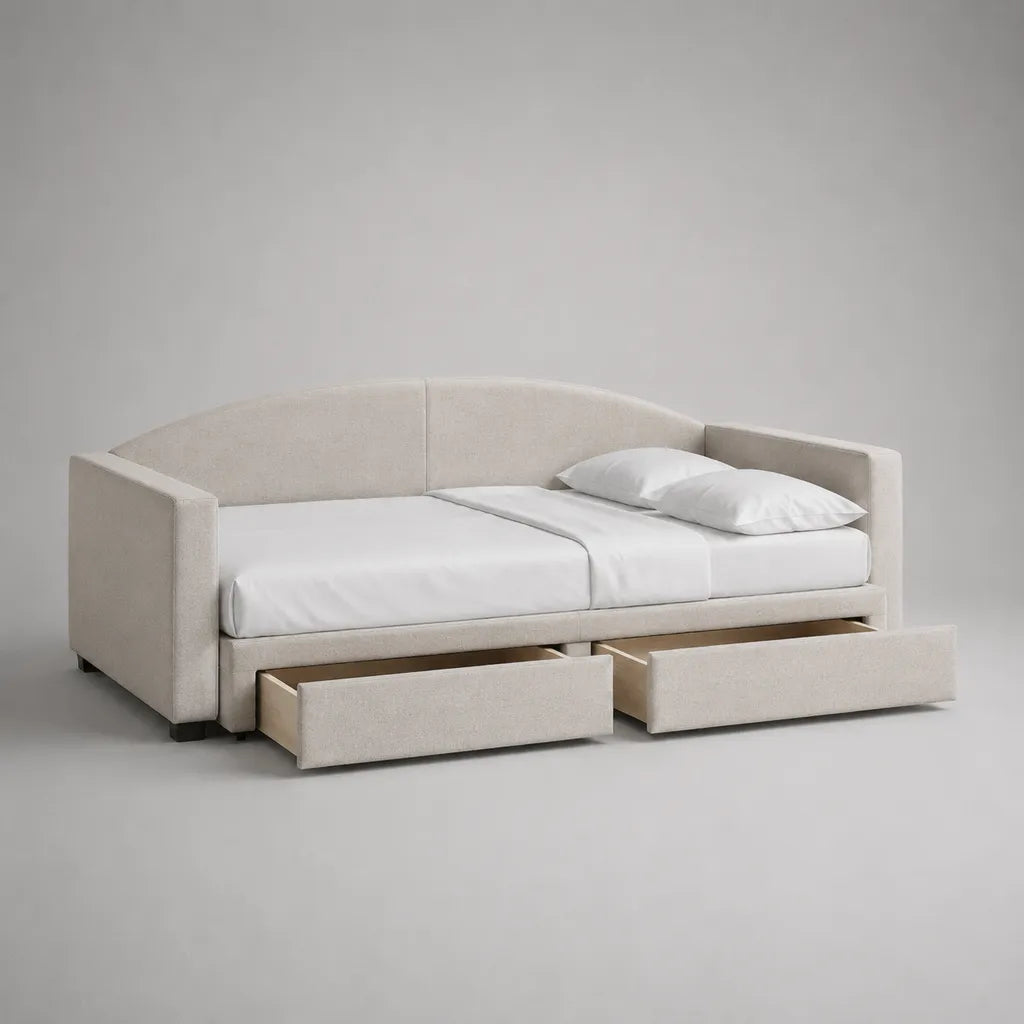 Lit banquette 90 x 200 cm avec sommier à lattes et 2 tiroirs, revêtement bouclé beige