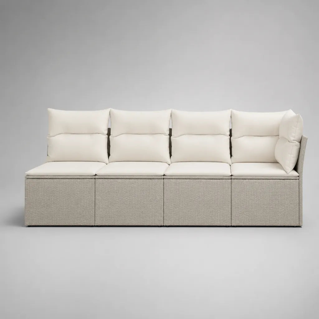 Canapé de jardin modulable 4 places en métal et résine tressée PE avec rangements et coussins, beige/blanc cassé, 260 x 75 x 85 cm