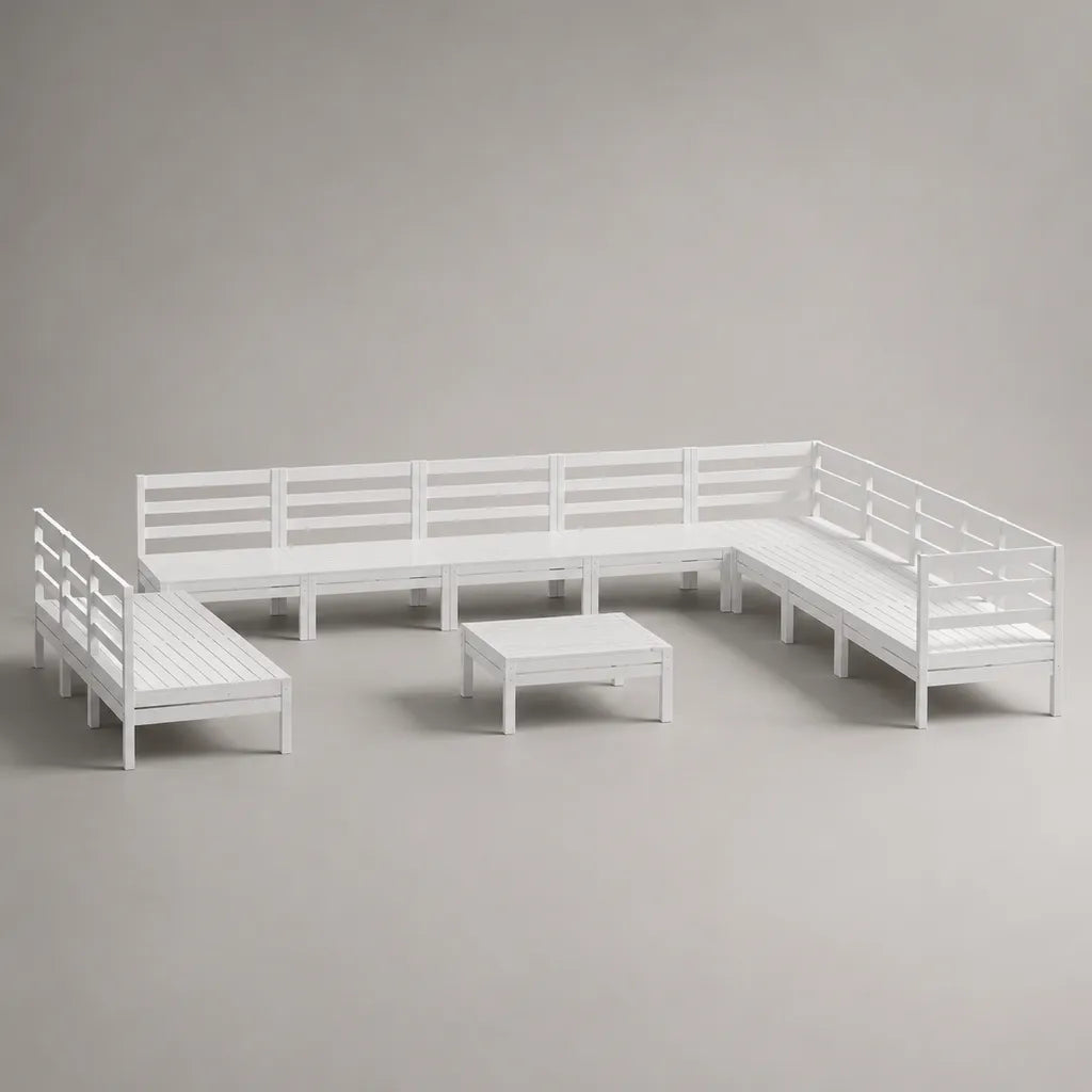 Salon de jardin extérieur modulable 9 places en U, ensemble 4 pièces en bois blanc, 325 x 260 x 80 cm