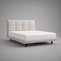 Lit double rectangulaire rembourré en polyester beige clair et métal noir, couchage 160 × 200 cm, dimensions 174 × 215 × 110 cm