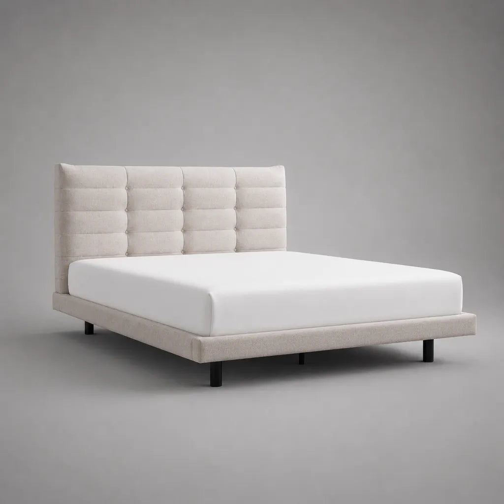 Lit double rectangulaire rembourré en polyester beige clair et métal noir, couchage 160 × 200 cm, dimensions 174 × 215 × 110 cm