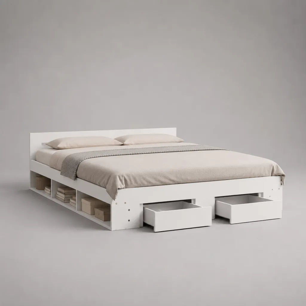 Cadre de lit double 160 x 200 cm en panneaux de particules mélaminés blancs avec tête de lit, rangements latéraux et 2 tiroirs