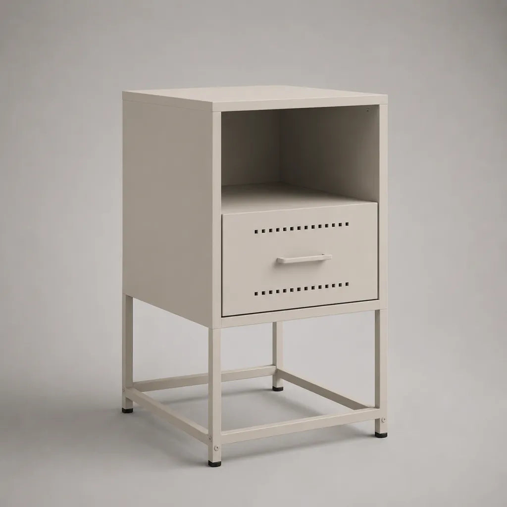 Table de chevet en acier avec tiroir et niche ouverte, blanc cassé, 40 × 35 × 70 cm