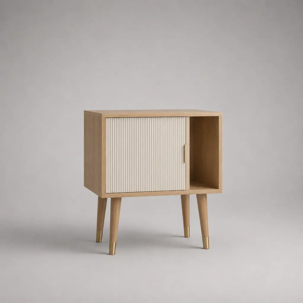 Table de chevet rectangulaire en MDF effet chêne clair et blanc avec porte coulissante et niche, 60 × 35 × 65 cm
