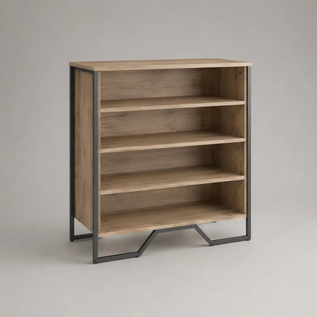 Meuble à chaussures ouvert à 4 niveaux en bois et métal, chêne et noir, 80 × 30 × 90 cm