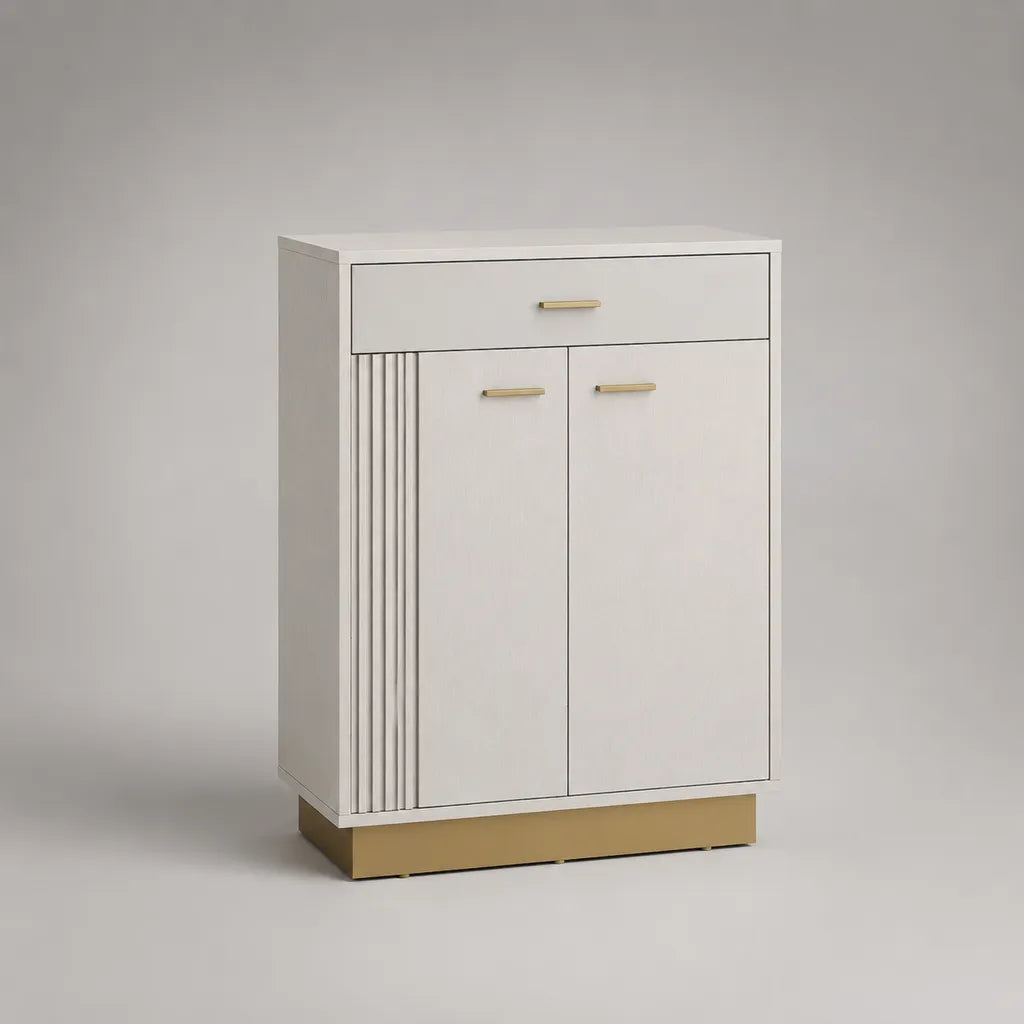 Meuble à chaussures en MDF blanc et acier doré, 2 portes et 1 tiroir, 80 × 35 × 110 cm