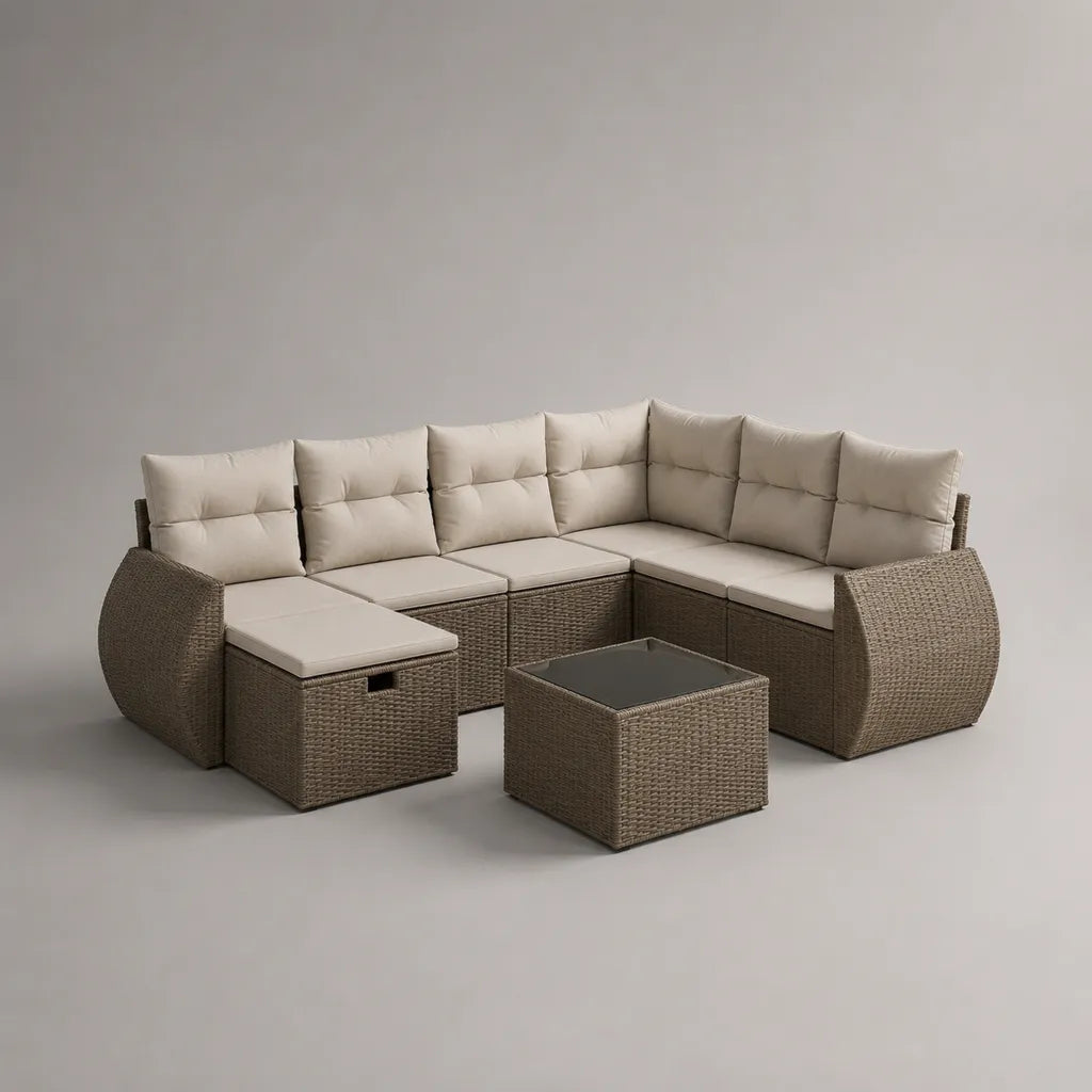 Salon de jardin extérieur 8 pièces, canapé d’angle modulable 6 places en résine tressée taupe, coussins beiges et table en verre, 265 × 205 × 86 cm