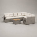 Canapé de jardin d’angle 6 places avec table basse en résine tressée PE grise, coussins écrus, 260 × 200 × 85 cm
